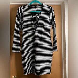Express Black and White Striped Dress  with Lace Up Detail in Front - size M